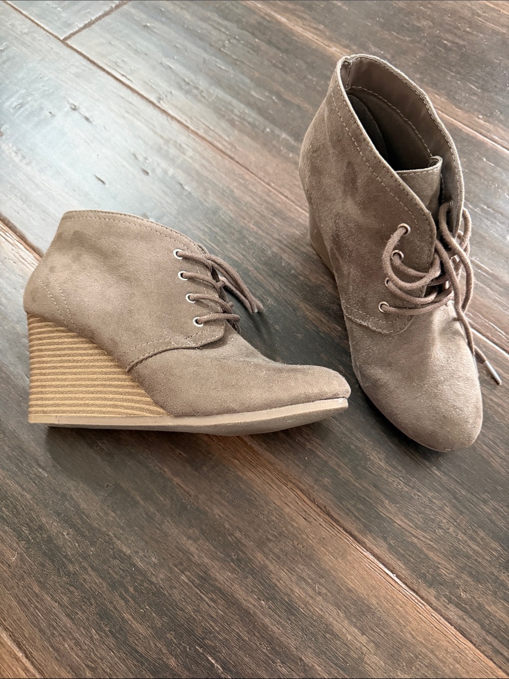 Arizona Jean Company Taupe Suede Lace-Up Wedge Booties